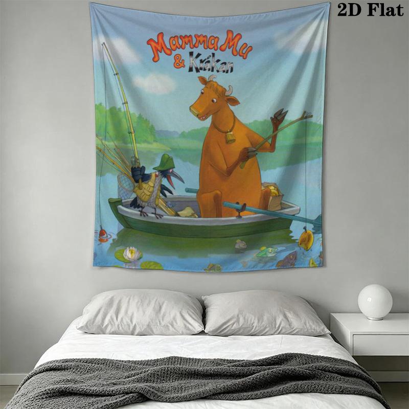 Mamma Mu & Kråkan Cartoon Tapestry, Cow and Crow Fishing Lake Print Wall Hanging, Wall Art Decor for Kids Bedroom