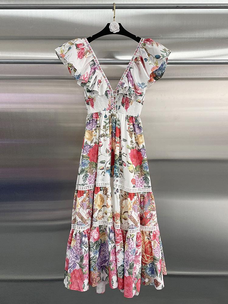 Women's Australian Beach Resort V-Neck Ruffle Sleeveless Printed Backless Dress - Spring 2026
