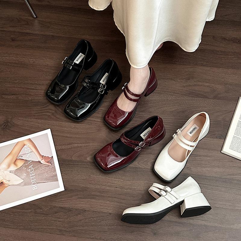 Fashion Spring Autumn Patent Leather Women Mary Jane Shoes Fashion Shallow Square Toe Pumps Casual Dress Chunky Middle Heel Women Shoes