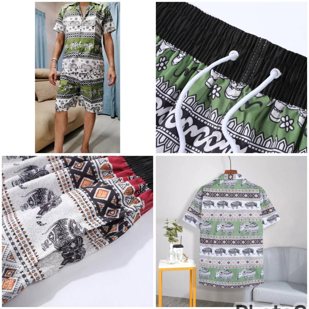 Elephant Pants Shorts Shirt Set V-neck Adjustable Elastic Waist Strap Women Men Unisex Print Thailand Casual Beach Summer Bohemian Retro Vintage