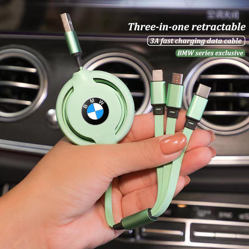 BBKH5 3 In 1 Retractable Data Cable USB Car Charger Head Auto Accessories For BMW 3 5 7 Series F30 i4 X3 F10 E90 F20 E46 E87 E70 X3  E