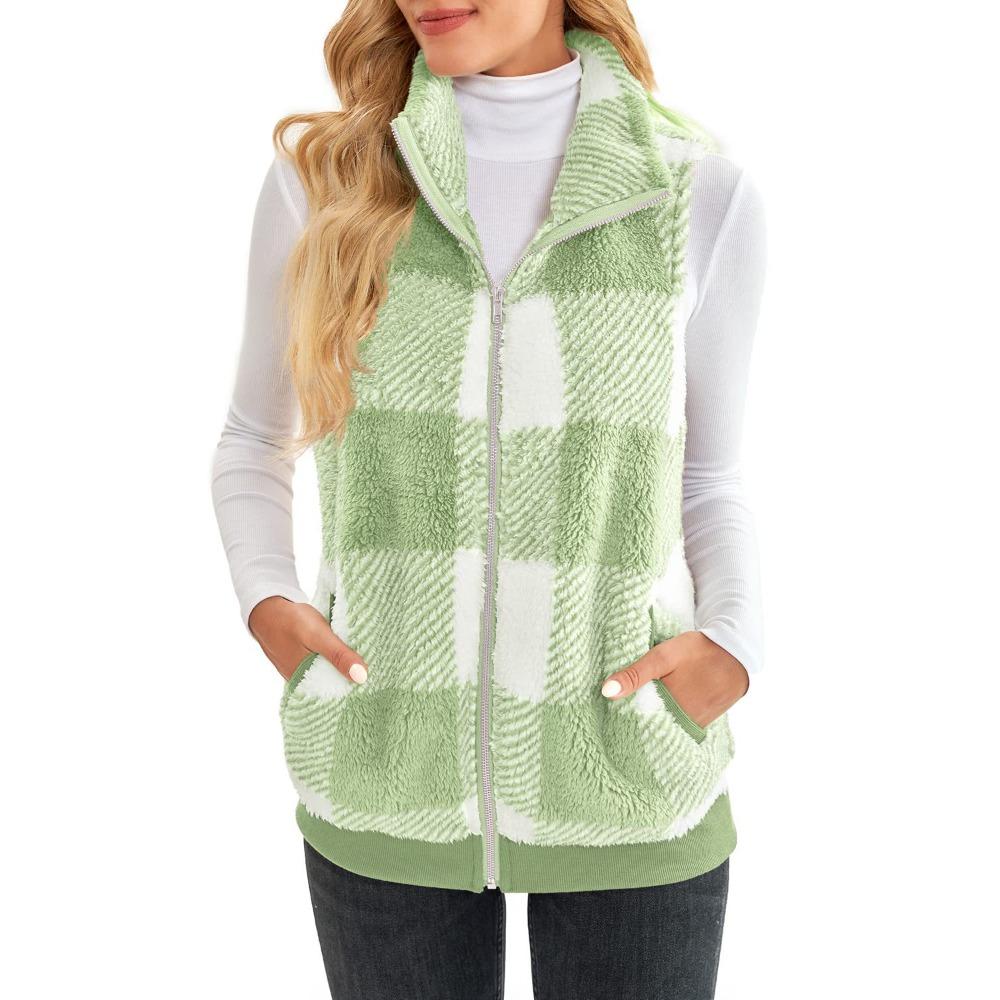 Women's Stand Collar Sleeveless Plaid Fleece Vest Loose Fit Casual Zip Up Gilet Outerwear