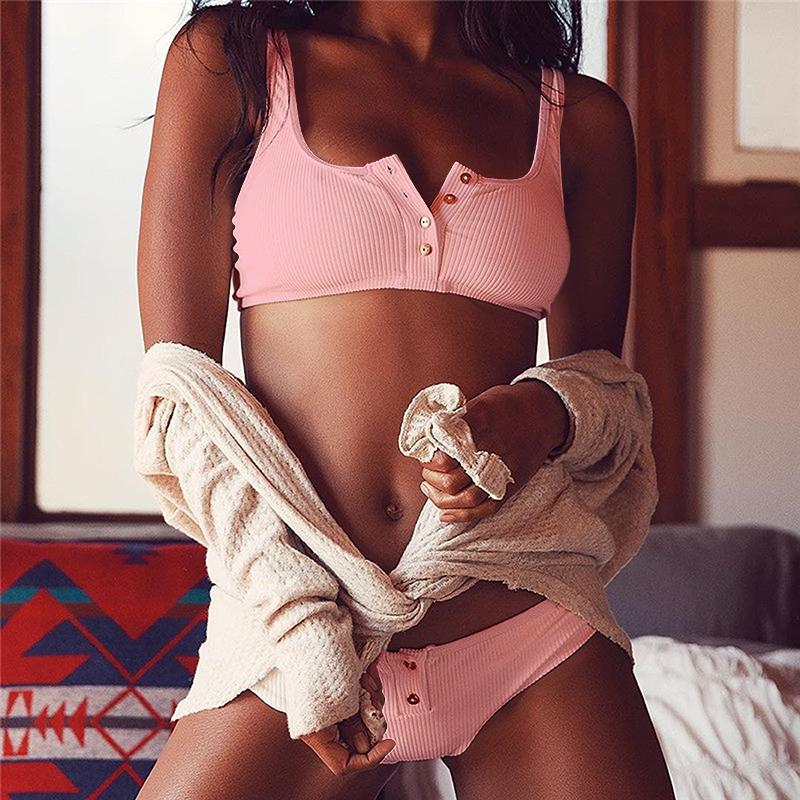 Nervürlü bikini seti Katı Kadın Mayolar Takım Elbise Düğmesi Push Up Mayo Kadın Bölünmüş Mayo Biquinis Beachwear