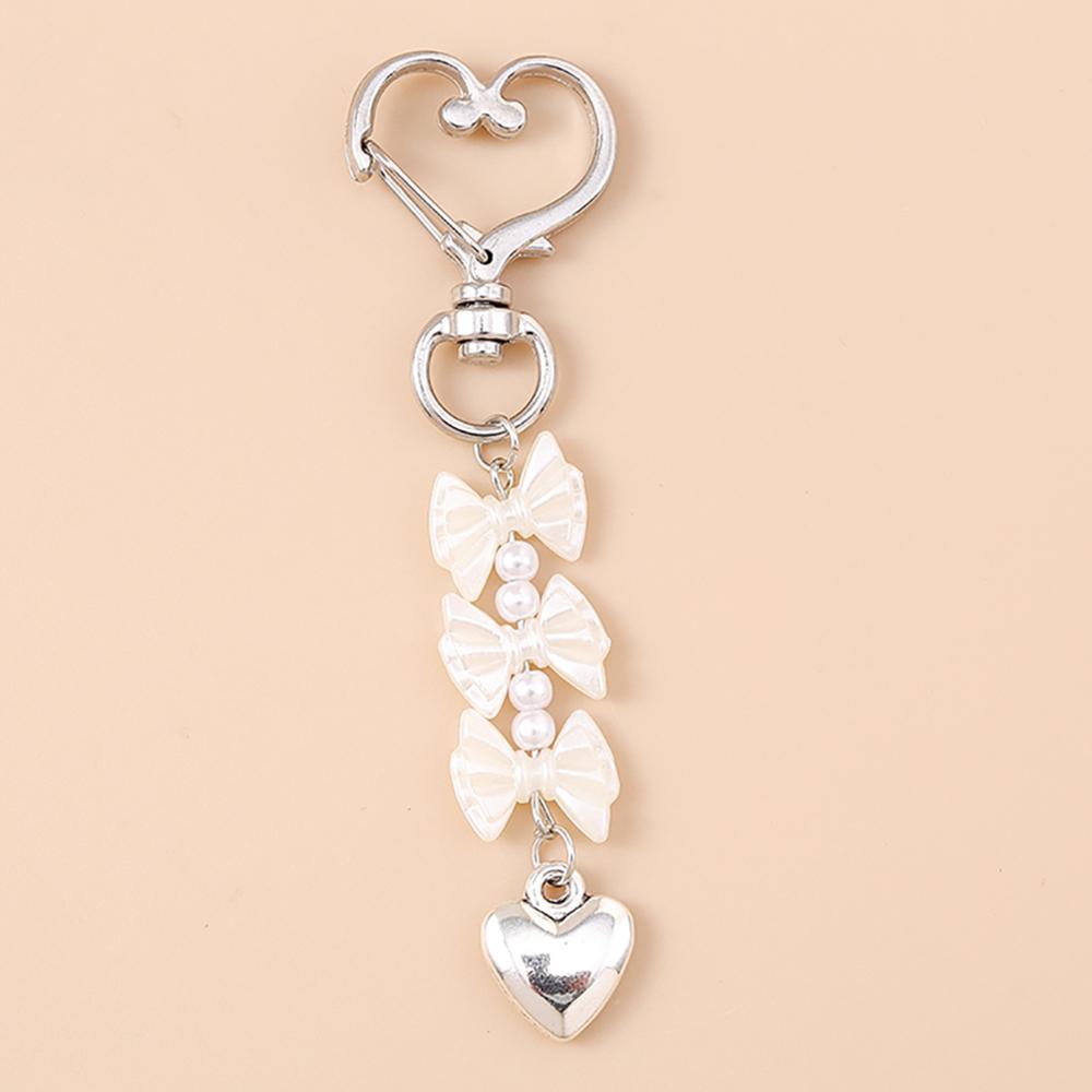 Cute Alloy Love Heart Keychain Women Girls Pearl Bowknot Key Ring Pendants Handbag Decor DIY Handmade Key Chain Gifts