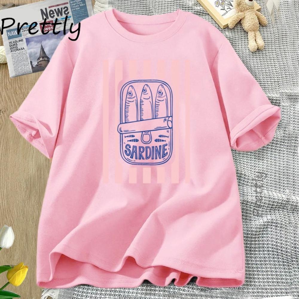 Canned Sardines Fish T-shirt Women's Summer Retro Seafood Graphic Tee Casual Short-sleeved Round Neck T-shirt Women's Clothes