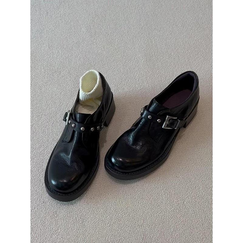 Washed Cowhide~ British Retro Round Head Rivet One-word Buckle Loafers Women's Versatile Leather Single Shoes Small Leather Shoes