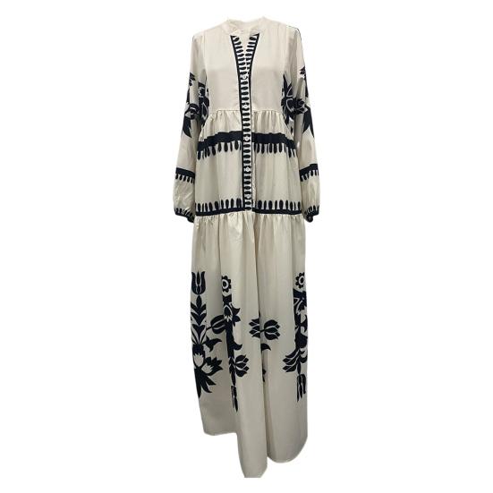 

Платье макси Lady Spring с V-образным вырезом в стиле ретро с контрастным цветным принтом и длинными рукавами, свободное L белый