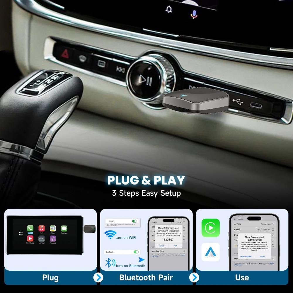 2 in 1 Wireless CarPlay Android Auto Adapter Smart Box Convert Wired to Wireless Plug & Play Bluetooth 5.2 Connection Universal