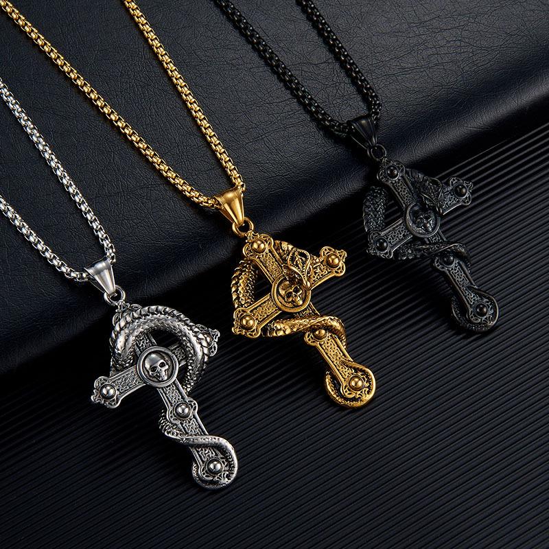 Retro Unisex Titanium Steel Divine Dragon Cross Pendant Necklace