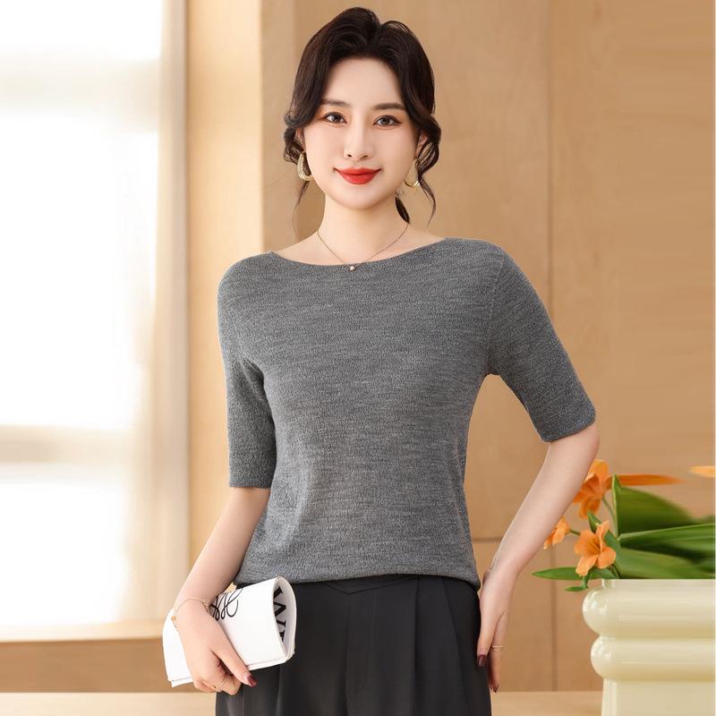 Lekasha Women's Off-Shoulder Fine Wool Sweater - Spring Style, Loose Fit, Mid-Sleeve, Five-Point Sleeve Base Layer