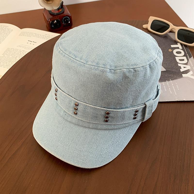 Retro Denim Flat Top Beret Women's Spring and Autumn Big Head Circumference Showing Face Small Peaked Cap Old Washed Hat Tide