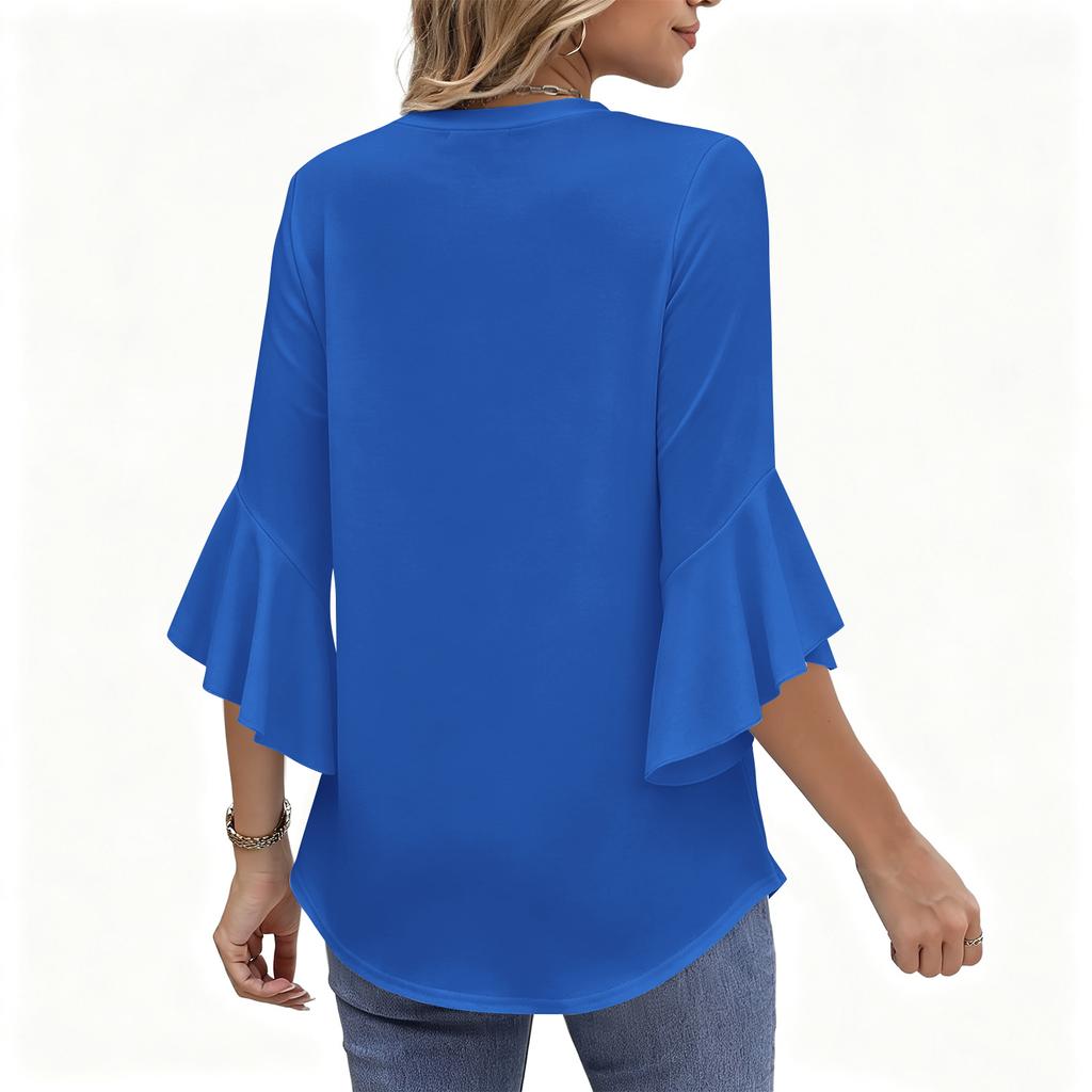 Women's V-Neck Ruffled 3/4 Sleeve T-Shirt Loose Fit Casual Color Top