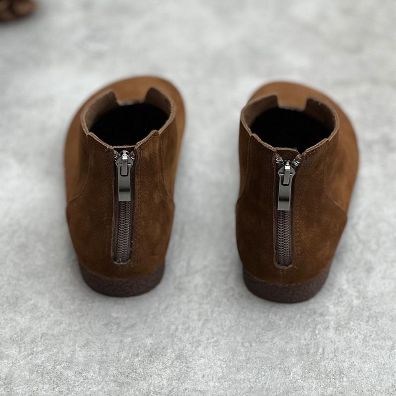 Johnature Retro ručně vyráběná pravá kůže ploché krátké boty s kulatou špičkou měkká podrážka pro volný čas Univerzální dámská obuv