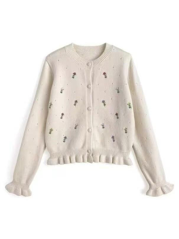 2026 Autumn/Winter Women's Floral Embroidery Knit Cardigan, Round Neck Korean Style Sweater Coat, Age-Reducing Design.