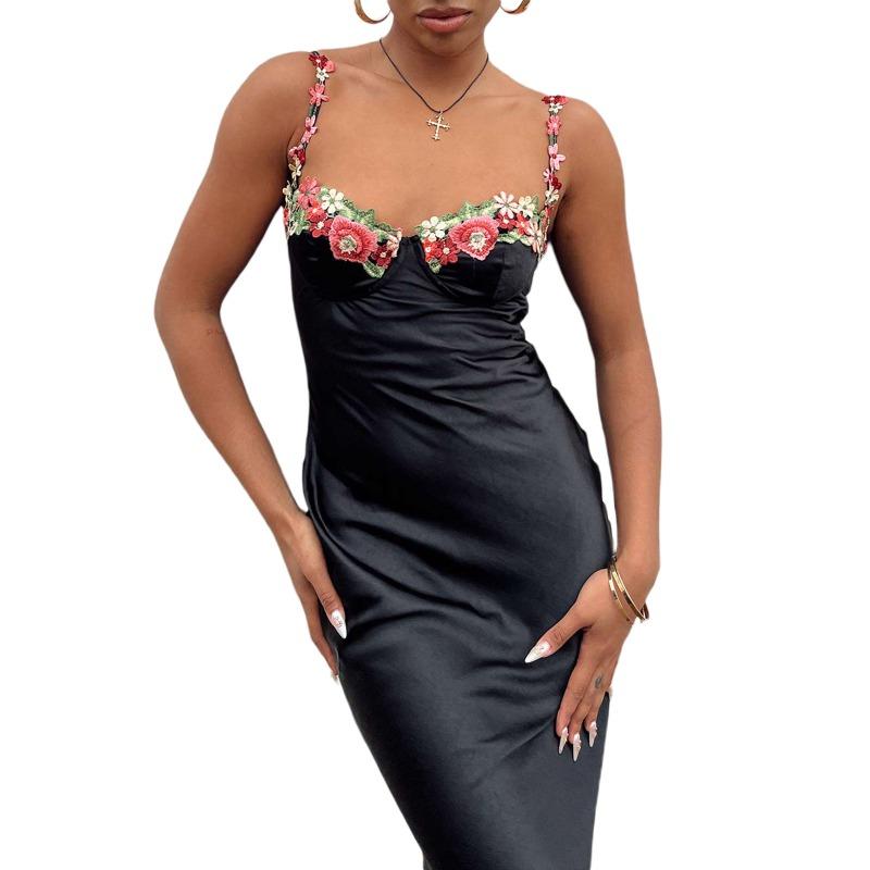 

Взрывная весенне-летняя мода Сексуальное вышитое кружевное платье-комбинация однотонное длинное платье для женщин S чёрный