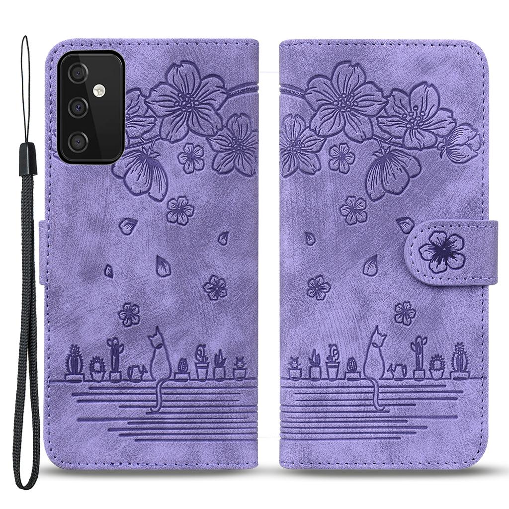 For Samsung Galaxy A54 5G PU Leather Wallet Case Imprinted Cat Flower Phone Stand Cover with Strap