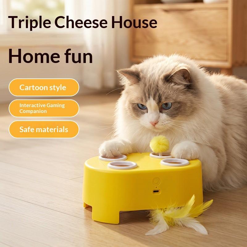 Interactive Cat Toy Set With Cheese Design Feather Wand Whack-a-Mole Style Play Indoor Cats