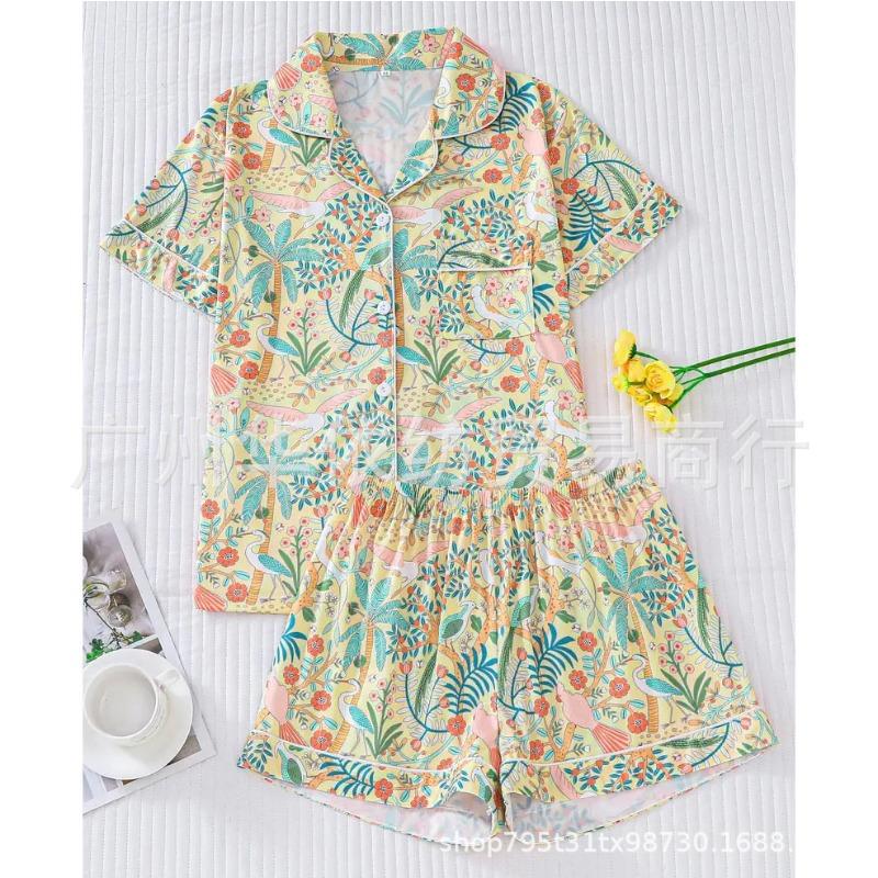 Women s Fashionable Casual Summer/ Spring Floral Pattern Printed Short-sleeved Polo-neck Long Pants Set S