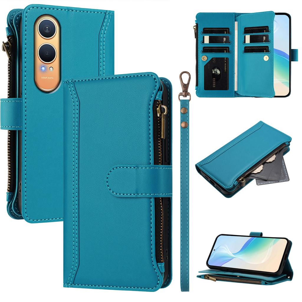 For Oppo K12x 5G (China)/OnePlus Nord CE4 Lite 5G Leather Case 9 Card Slots Zipper Wallet Stand Phone Cover with Wrist Strap
