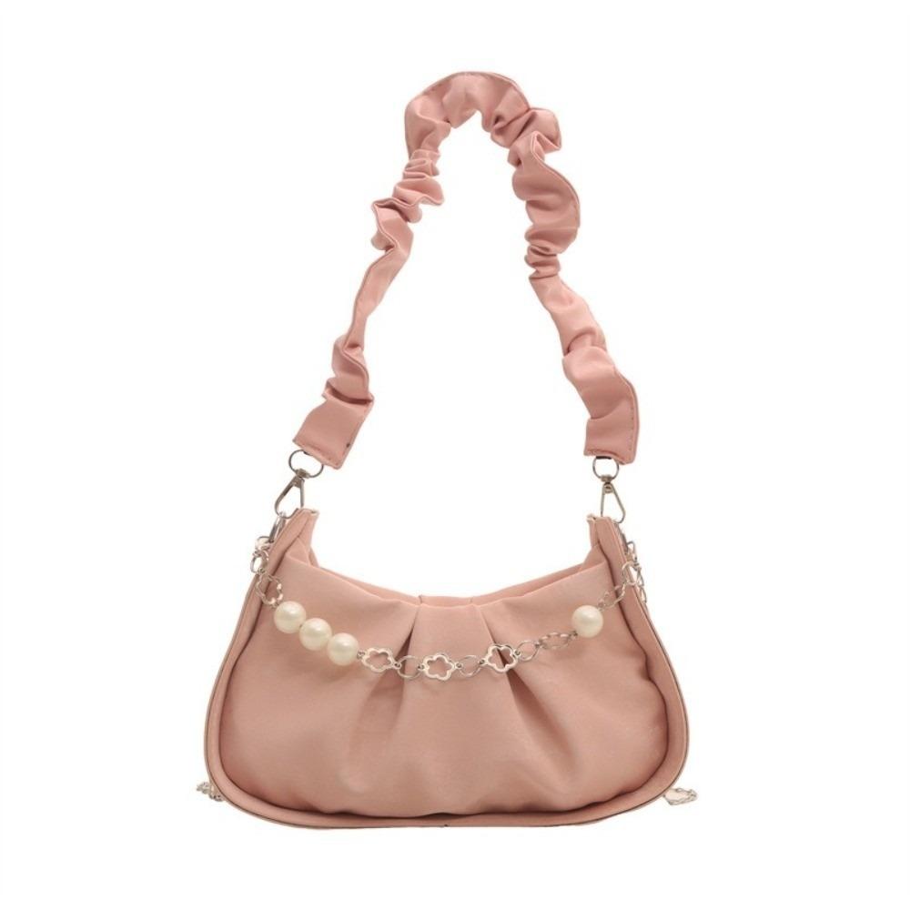 PU Leather Cloud Shoulder Bag Korean Style Pleated Handbag Pearl Chain Crossbody Bag  Office Worker