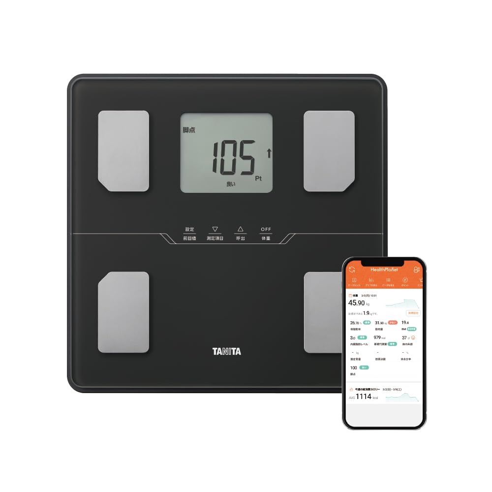 

Tanita Вага тіла Склад тіла Зв язок зі смартфоном Оцінка першої ноги м язова маса ніг, що підтримують тіло Жир тіла жир чорний