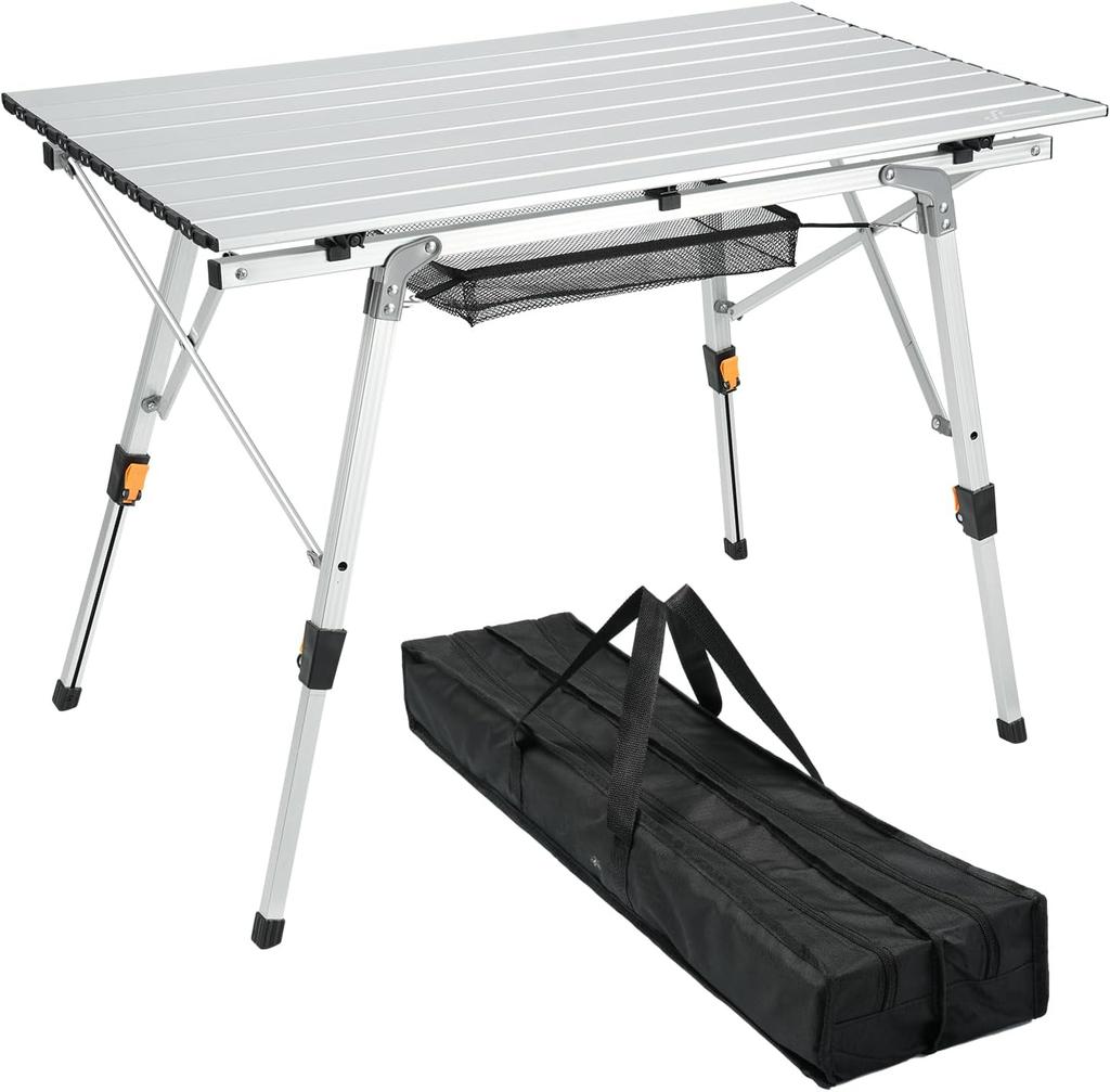 2-in-1 Folding Camping Table with Removable Mesh Layer - Lightweight Adjustable Height Aluminum Table for BBQ, Beach,