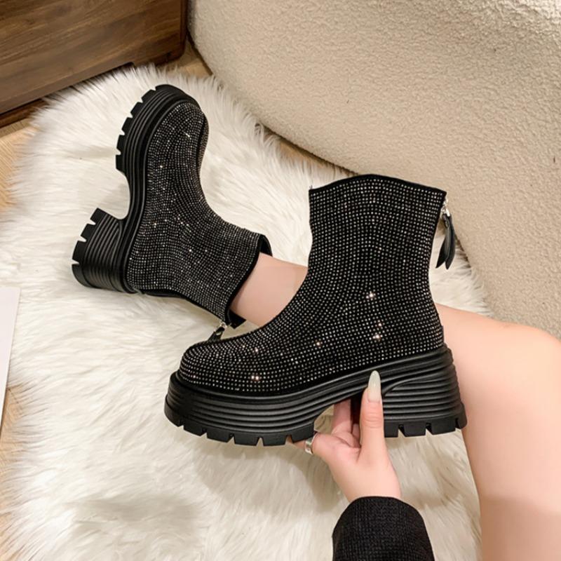Bottines à plateforme en cristal pour femmes Chaussures à talons hauts de luxe Femme Marque Créateur Tendance Hiver 2025 Confortable Épais Fermeture éclair Botas Mujer