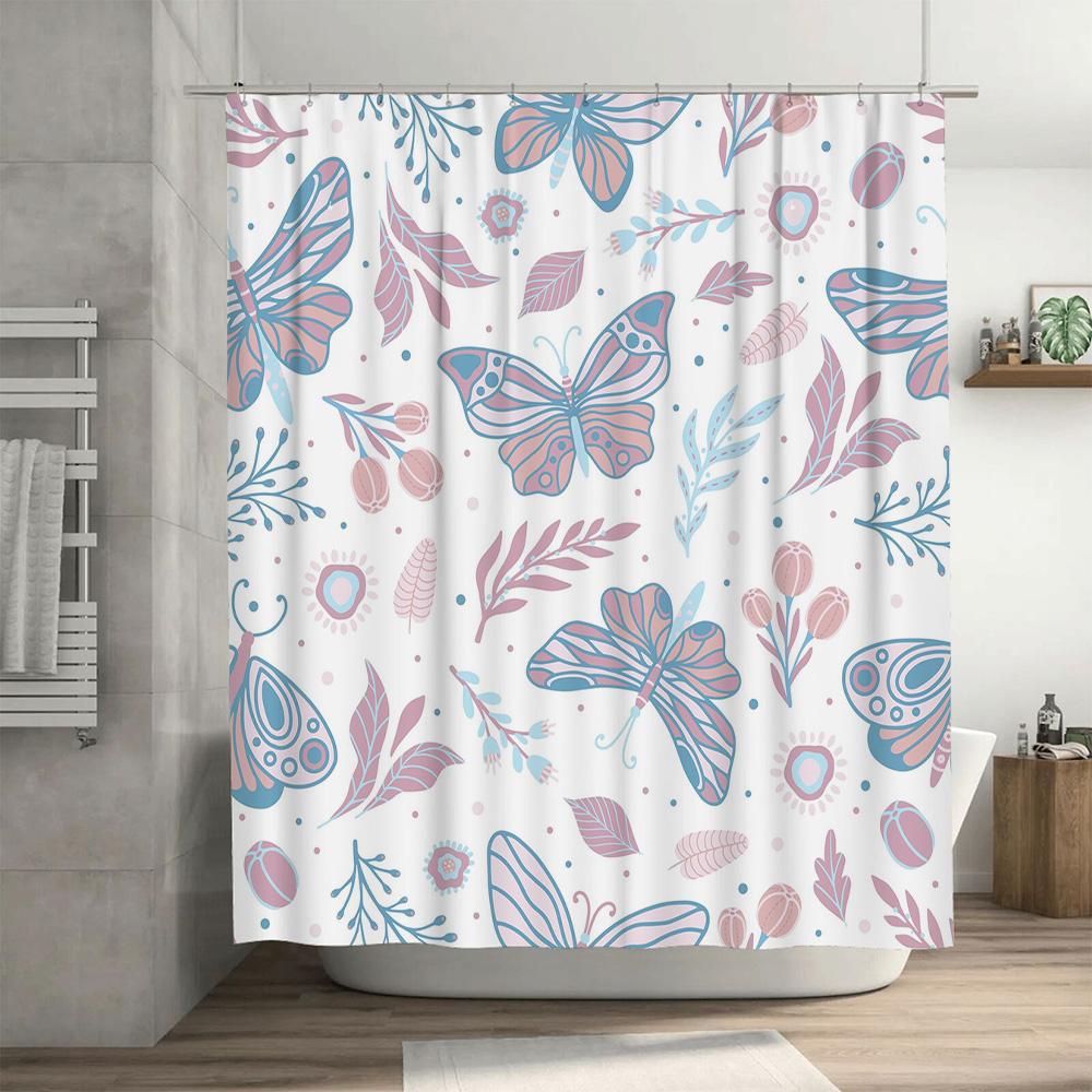 Beautiful Butterfly and Floral Design Waterproof Shower Curtain for Bathroom Decor Pink Blue Purple White