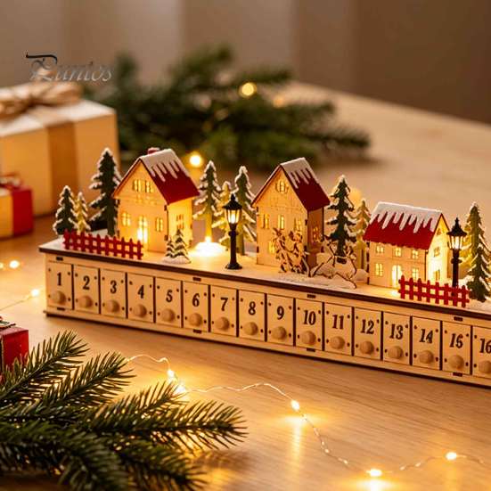 Holiday Countdown Calendar with Drawers Light-Up Wooden Christmas Village Advent Calendar, 24 Illuminated Snowy Cabin Display LED Lighted Scene