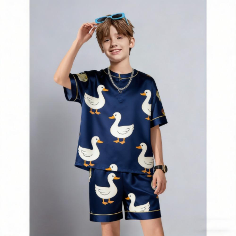 Men s Set Fashion Fun Animal Duck Printed Men s T-shirt and Shorts 2 Piece Set Summer Casual Outdoor Men s and Women s Outfit XXS