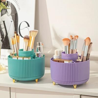 360° Rotating Makeup Organizer Large Capacity Cosmetic Storage Box with Brush Pen Holder Portable Desktop Bathroom Organizer