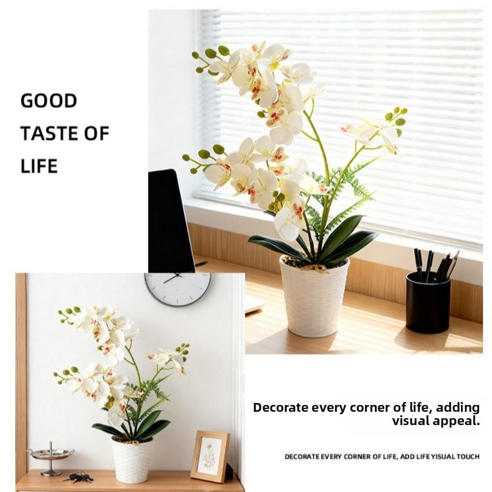 White Flower Pot Simulated Butterfly Orchid Multi-Bloom Plastic Fake Flower  Home Decor