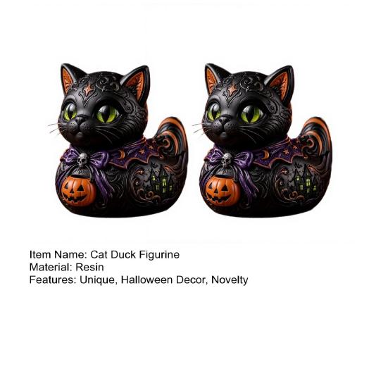Halloween Duck Figurine Midnight Witches Cat Figurine, Spooky Black Statue Indoor Tabletop Display with Pumpkin Lantern, Decoration for Home