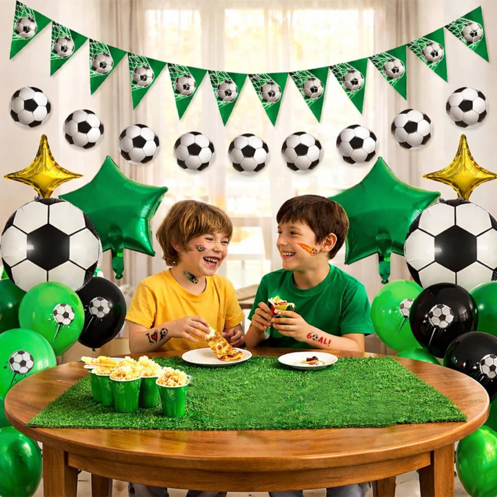 Soccer Themed Party Decorations Set with Balloons Banner Foil Stars and Soccer Ball Print Stickers for Birthday Event Celebration