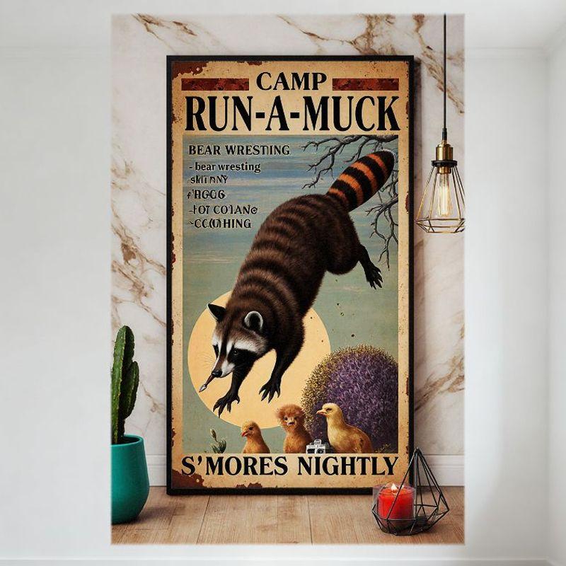 

Vintage CAMP RUN-A-MUCK Metal Sign Rustic Whimsical Wall Decor with Raccoon Marshmallow Design, S MORES NIGHTLY for Bar Pub Home 20x30cm（7.8x11.8inch）