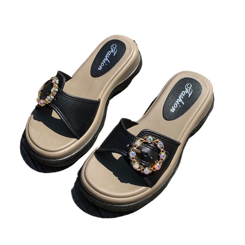 Fashion 2025 Summer Women’s Open Toe Slippers Fashion Rhinestones Buckle Round Toe Platform Concise Sandals for Daily Casual Slippers