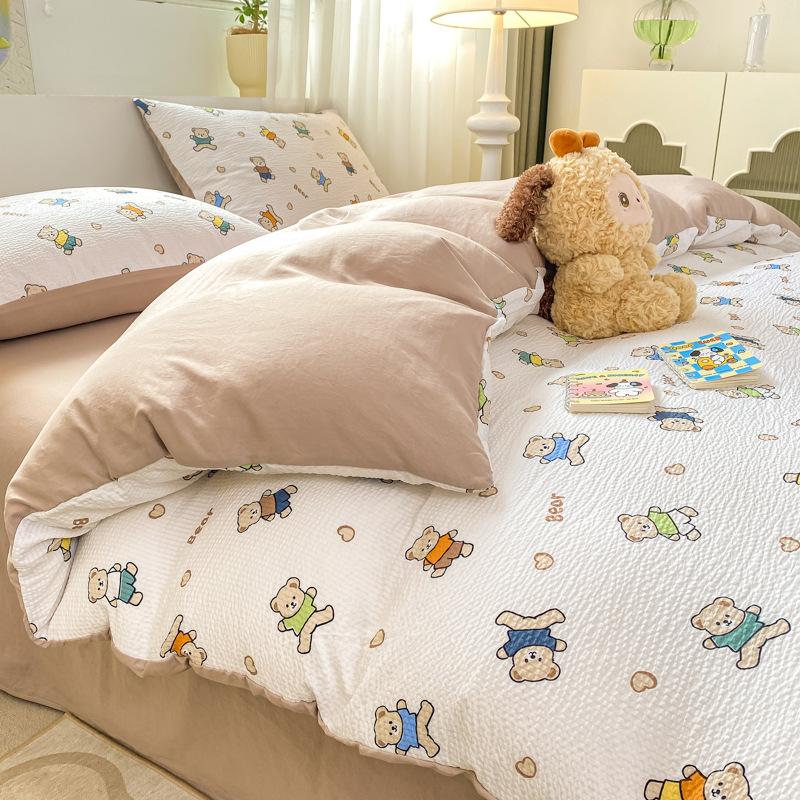 Set Lenzuola Seersucker a Quattro Pezzi Lenzuolo Copripiumino Federe