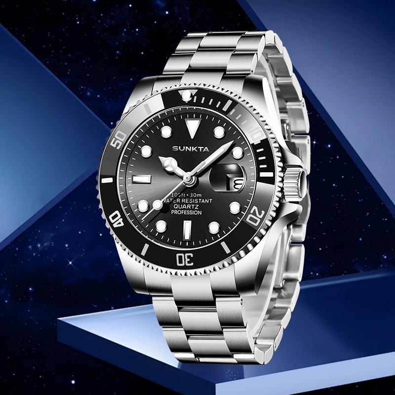 SUNKTA Fashion Luxury Wristwatch Retro Auto Date Casual Sports Classic Stainless Steel Band Life Waterproof Quartz Watches Male