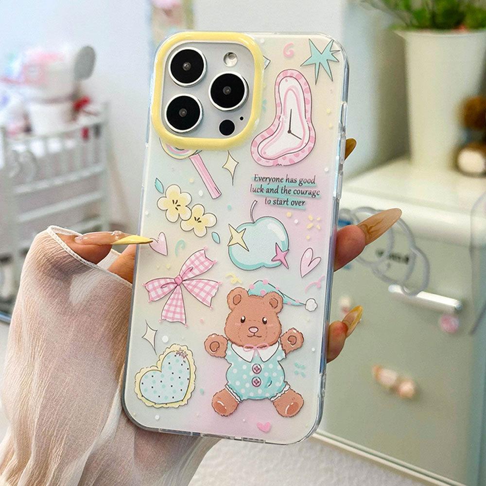 Cartoon Bear Suitable for Apple 16PM Cute 13 Mobile Phone Case Iphone15pro Bow Bracelet Protection Case