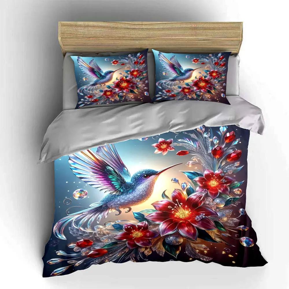 Hummingbird Floral Jewel Decor Bedding Set with 1 Duvet Cover 2 Pillowcases Single Double King Queen Gift