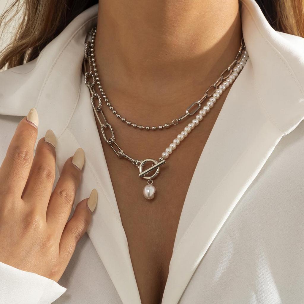 Versatile European-American Layered Necklace with Imitation Pearl, OT Buckle, Tassel, and Cross-Round Ring Design
