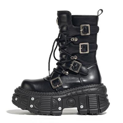 Punk Style Women Shoes Lace-up Platform Shoes Woman Rock Boots Metal Decor Thick Bottom Street Shot Knight