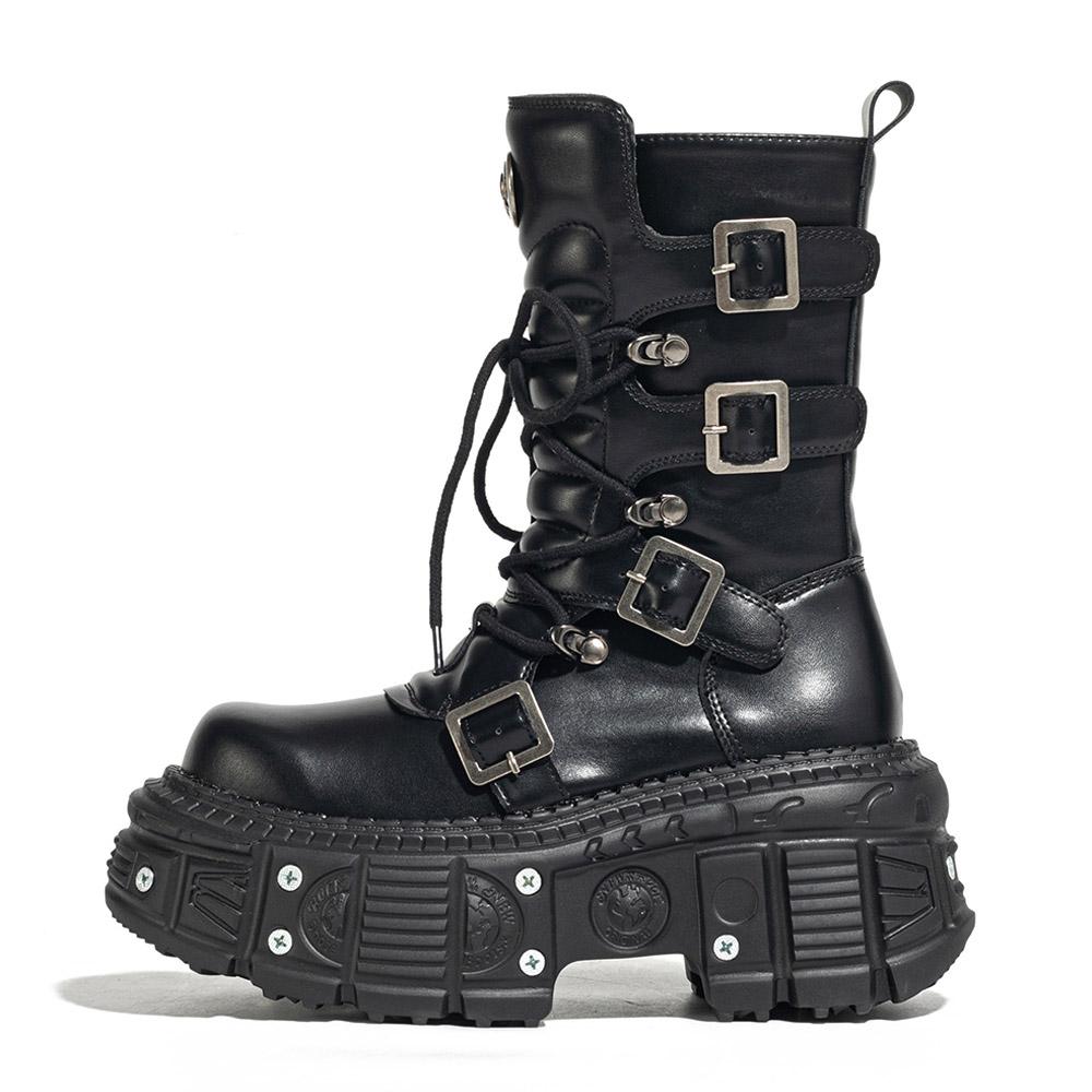 Punk Style Women Shoes Lace-up Platform Shoes Woman Rock Boots Metal Decor Thick Bottom Street Shot Knight