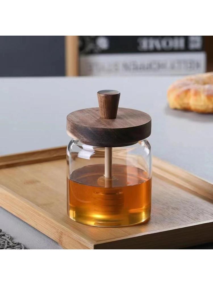 Glass Storage Bottles Honey Jars with Dipper and Lid Wide Mouth Honey Containers Syrup Dispenser for Storing Honey and Syrup
