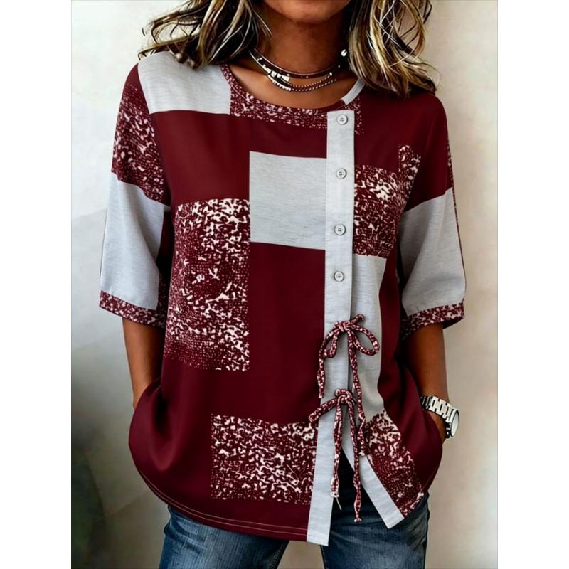 Women's Spring Summer 3D Printed Button Front Drawstring Minimal Commute Blouse, Wine Red Gray Speckle Square Print Top