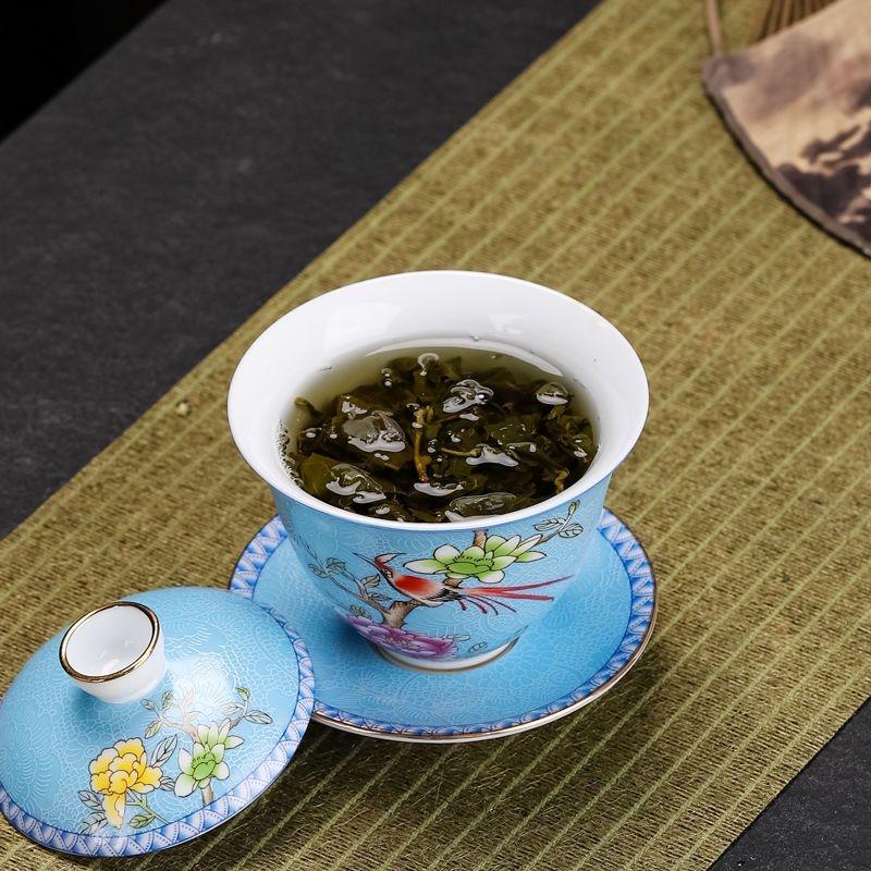 Handmade Sancai Enamel Gaiwan Tea Cup Set with Lid & Saucer, White Porcelain Kung Fu Tea Bowl