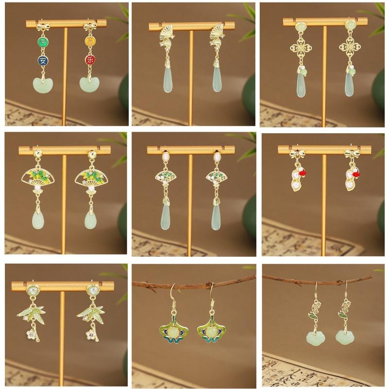 Silver NeedleEmerald Green Fan-shaped Bamboo Leaf Long Tassel Earrings Ancient-style Fresh and Sweet Ear Hooks