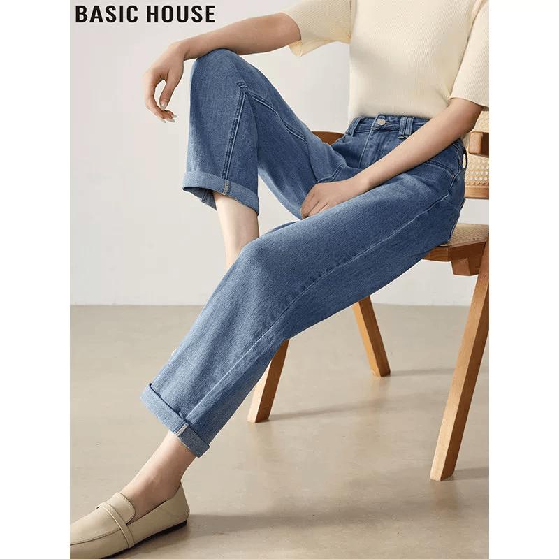 Basic House Women s Summer High-Waist Cropped Straight Jeans 2XL