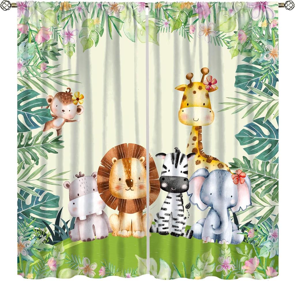 Tende con Animali Cartoni Animati Bambini Fauna Selvatica Fiori Tropicali Foglie di Palma Tende per Finestre per Bambini Bambine Stanza dei Bambini Aula