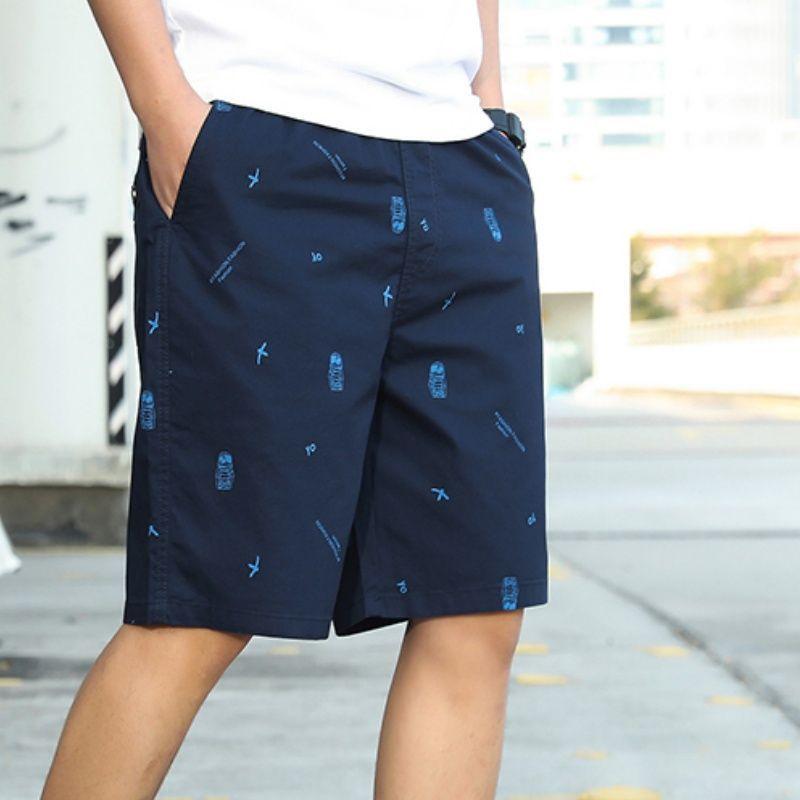 

Printed Burgundy Pure Cotton Shorts Men s Fashionable Mid-pants Trendy Summer Casual Sweat-absorbing and Loose Five-point Pants 5XL синій